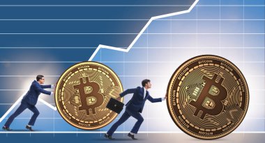 İşadamı, kripto para zinciri konseptinde bitcoin basıyor