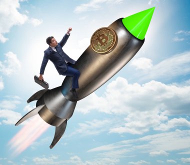 Bitcoin fiyatında roketle uçan işadamı yükselen konsept