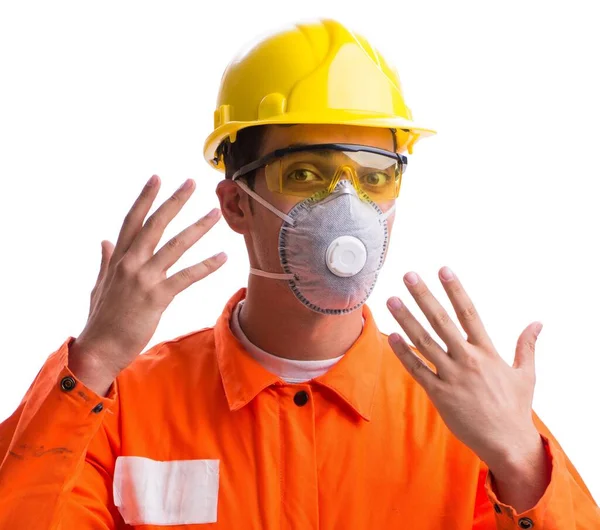 Byggnadsarbetare med skyddsmask isolerad på vitt — Stockfoto