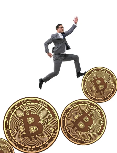 Empresário em bitcoin conceito de aumento de preço — Fotografia de Stock