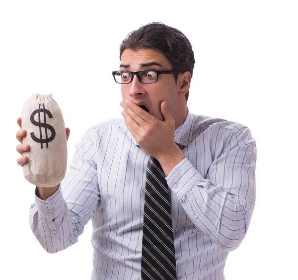 Jonge zakenman met geld zak geïsoleerd op witte achtergrond — Stockfoto