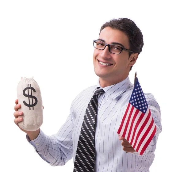 Joven hombre de negocios con bandera americana y saco de dinero en blanco —  Fotos de Stock