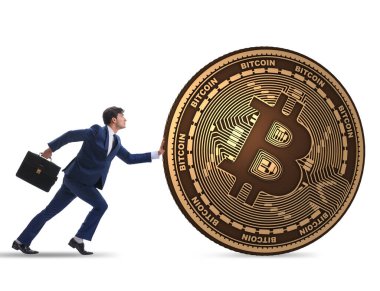 İşadamı, kripto para zinciri konseptinde bitcoin basıyor