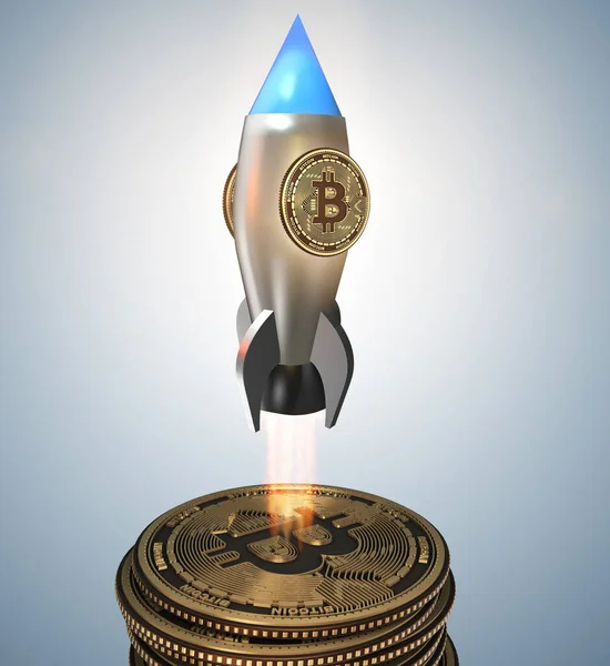 Bitcoins in blockchain cryptogeld concept - 3 rendering — Stockfoto