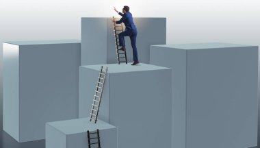 İş adamı kariyer merdiveni iş konseptinde engellere tırmanıyor