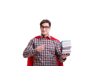 Kitapları beyaza ayrılmış süper kahraman öğrenci.