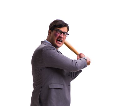 Beyzbol sopalı bir iş adamı beyazda izole edilmiş.