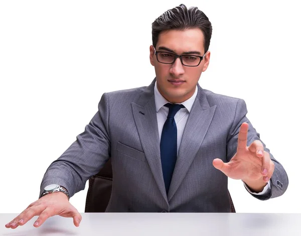 Jonge zakenman op virtuele knoppen geïsoleerd op witte bac — Stockfoto