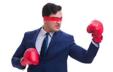 Avukat boks eldiven üzerinde beyaz izole göz bağı ile