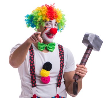 Beyaz arka planda çekici olan komik bir palyaço.