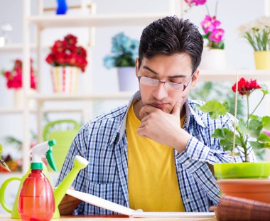 Bahçıvan çiçekçide çalışıyor. Çiçekçide çalışıyor.