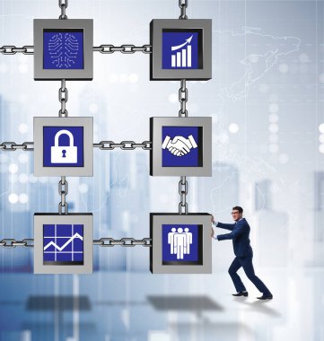 Engelleme zinciri kripto para birimi kavramında iş adamı