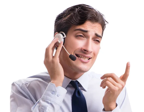 Homem com fone de ouvido isolado no fundo branco — Fotografia de Stock