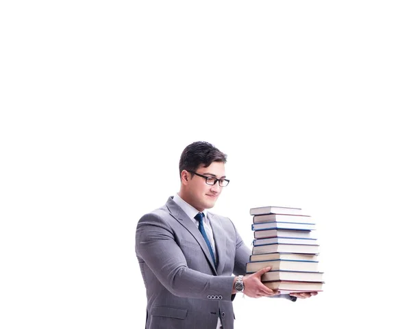 Estudante empresário carregando pilha segurando de livros isolados em w — Fotografia de Stock