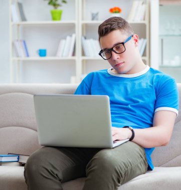 Sınavlara hazırlanan genç öğrenci kanepede ders çalışıyor.