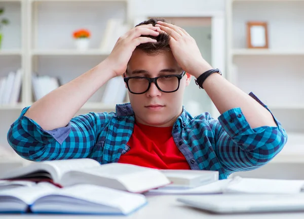 Jovem adolescente se preparando para exames estudando em uma mesa dentro de casa — Fotografia de Stock