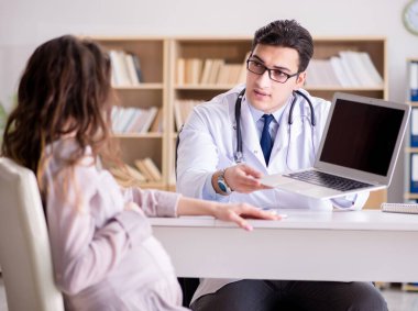 Hamile kadın muayene için doktoru ziyaret ediyor.