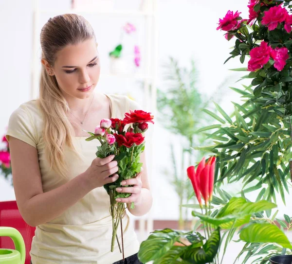 庭に若い女性の散水植物 — ストック写真