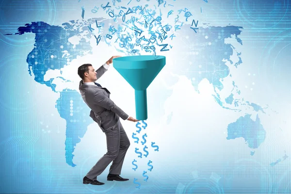 Data monetization concept with funnel and businessman — Stock Photo, Image