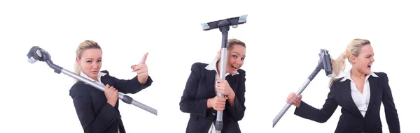 Businesswoman with vacuum cleaner on white — Stock Photo, Image