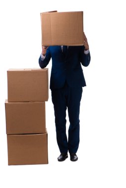 Kutuları beyaza izole edilmiş genç erkek çalışan.