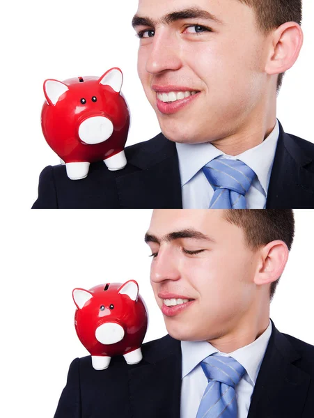 Homem com piggybank isolado em branco — Fotografia de Stock