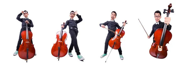 Homem engraçado com violino no branco — Fotografia de Stock