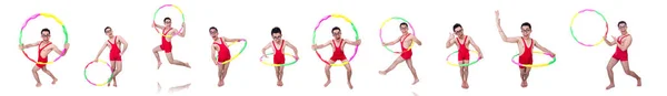 Lustiger Sportler mit Hula-Hoop-Reifen auf Weiß — Stockfoto