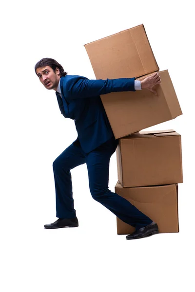 Young male employee with boxes isolated on white — Stock Photo, Image