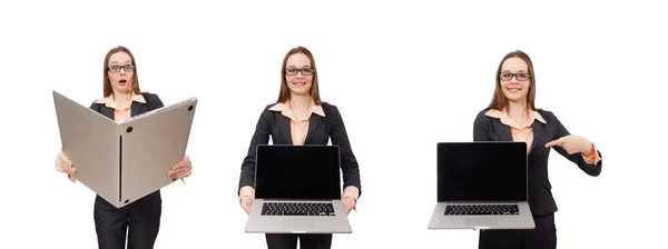 Señora trabajadora con portátil aislado en blanco — Foto de Stock