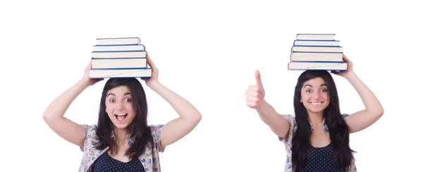 Young female student with books on white — Stock Photo, Image