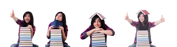 Joven estudiante con libros aislados en blanco — Foto de Stock