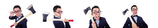 Funny man with axe on white — Stock Photo, Image