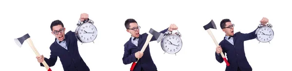 Homem engraçado com machado e relógio em branco — Fotografia de Stock