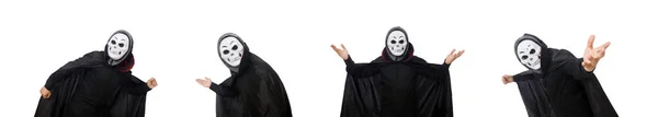 Mann im Horrorkostüm mit Maske auf weißem Hintergrund — Stockfoto