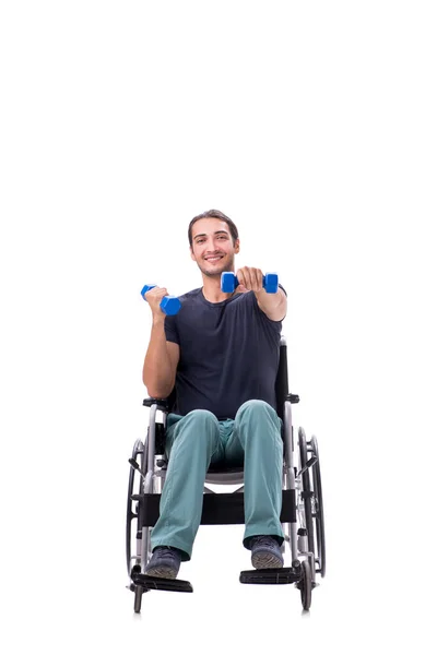 Jovem deficiente fazendo exercícios físicos isolados em branco — Fotografia de Stock