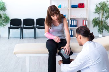 Genç bir kadın erkek doktor travmatoloğu ziyaret ediyor.