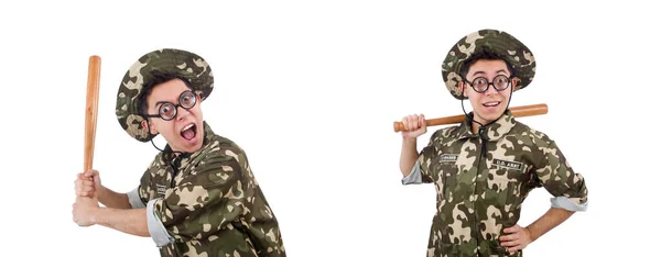 Soldat mit Baseballschläger isoliert auf Weiß — Stockfoto