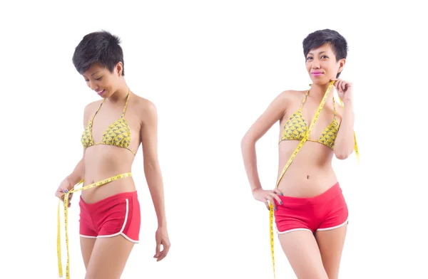 Donna in bikini in concetto di dieta isolata su bianco — Foto Stock