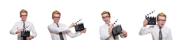 Lustiger Mann mit Filmtafel auf weiß — Stockfoto