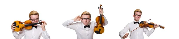 Joven violinista divertido aislado en blanco —  Fotos de Stock