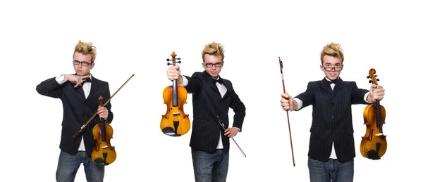 Młody muzyk ze skrzypcami na białym tle — Zdjęcie stockowe