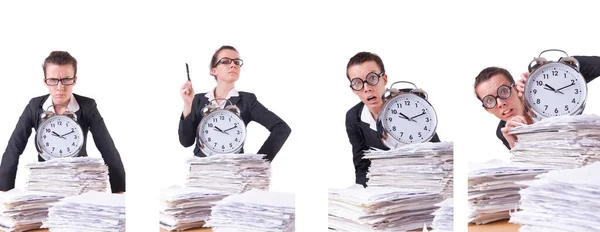 Woman businesswoman with giant alarm clock — Stock Photo, Image