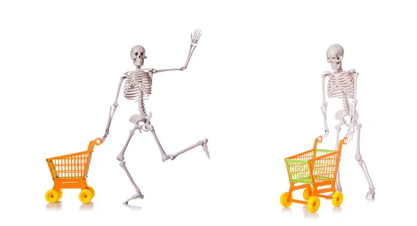 Skelet met winkelwagen trolley geïsoleerd op wit — Stockfoto