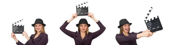 Kvinna med film clapboard isolerad på vit — Stockfoto