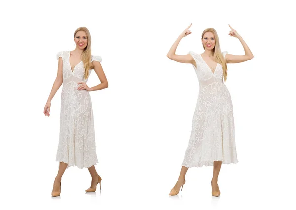 Γυναίκα με φόρεμα στο φόρεμα μόδας απομονωμένο σε λευκό — Φωτογραφία Αρχείου