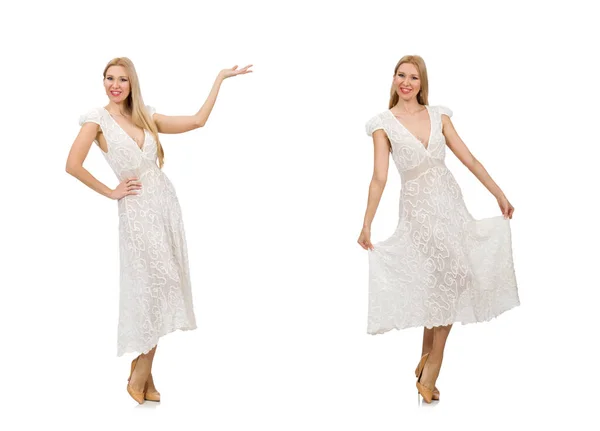 Kvinna i klänning i mode klänning isolerad på vitt — Stockfoto