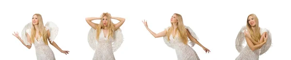 Vrouw met engelenvleugels geïsoleerd op wit — Stockfoto
