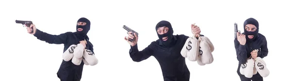 Vtipný zločinec s pistolí izolovanou na bílém — Stock fotografie
