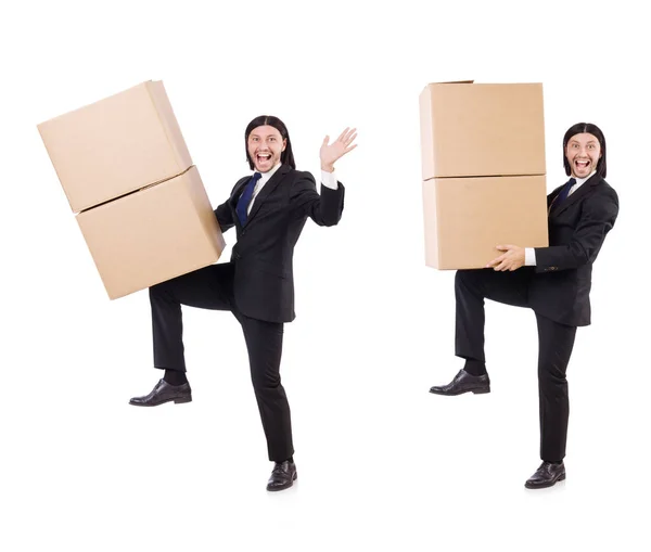 Funny man with boxes on white — Stock Photo, Image